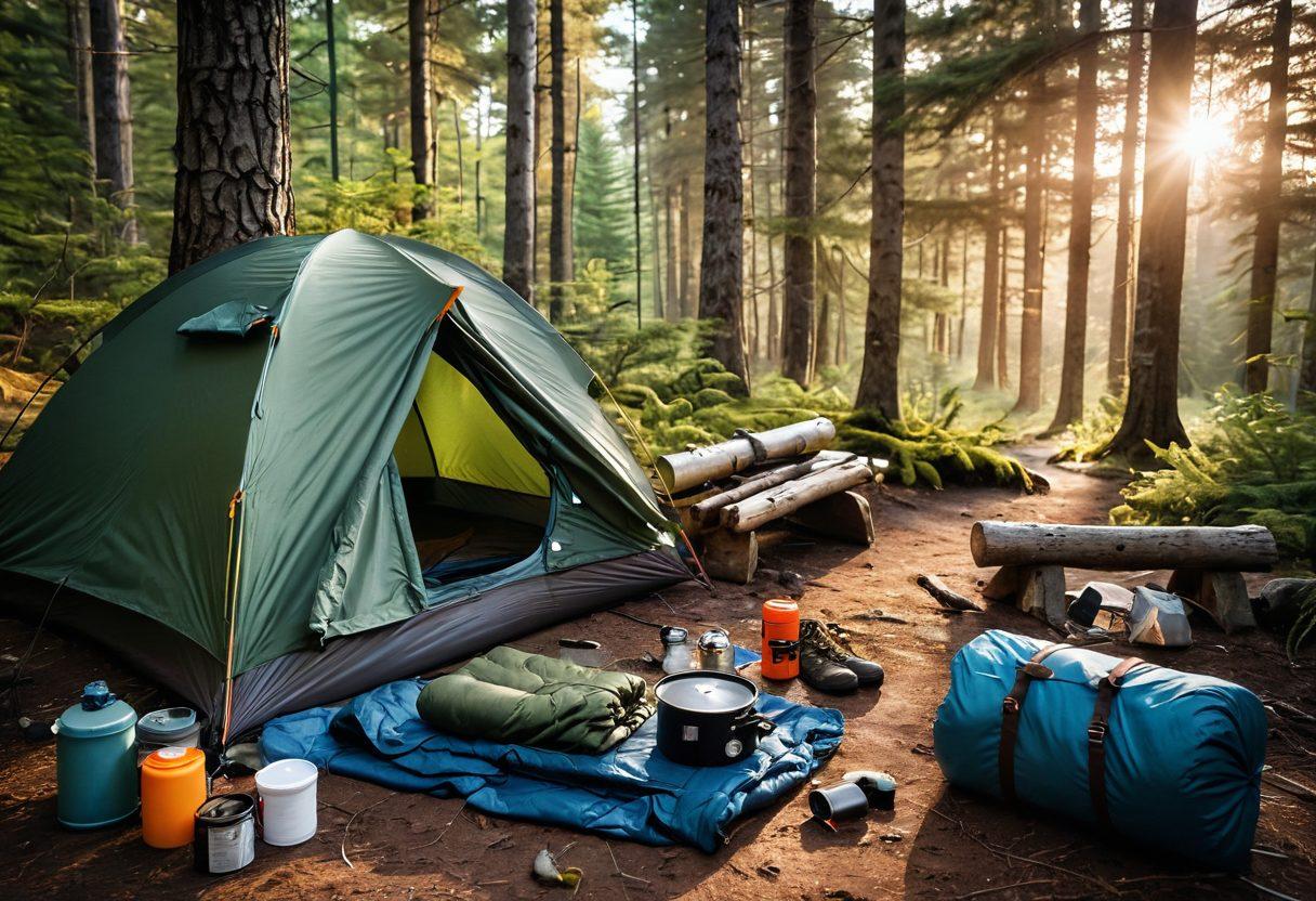 A beautifully arranged flat lay of essential camping gear, including a durable tent, high-quality sleeping bag, portable cooking stove, and hiking boots, set against a serene forest backdrop. Soft sunlight filters through the trees, casting a warm glow on the gear, and a compass and map are artistically placed nearby to symbolize adventure. The overall scene conveys a sense of exploration and preparedness. hyper-realistic. vibrant colors. nature-inspired.
