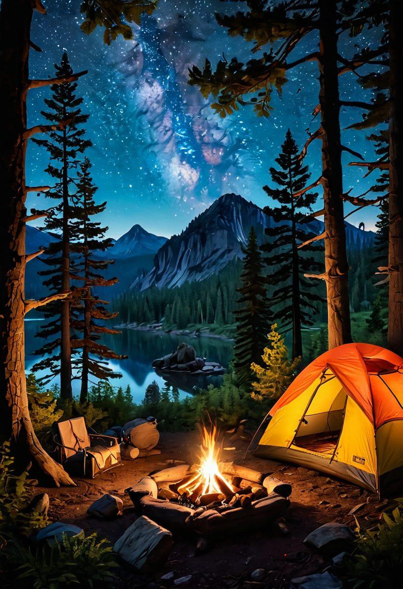 A picturesque campsite nestled in a lush forest, equipped with a vibrant tent and a cozy campfire surrounded by camping gear like backpacks, a hammock, and cooking utensils. The scene features a clear starry night sky above, with silhouettes of trees and mountains in the backdrop, evoking the spirit of adventure and nature. A friendly raccoon peeking from behind a tree adds a playful touch. ultra-realistic. vibrant colors. 3D.