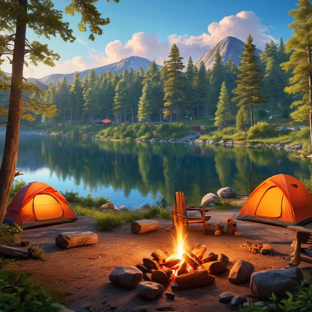 A serene landscape featuring a variety of picturesque campsites nestled among towering trees, a tranquil lake reflecting the sky, and a glowing campfire with cozy tents nearby. Include diverse people enjoying nature - hiking, fishing, and roasting marshmallows. Enhance the scene with vibrant greenery, colorful tents, and a clear blue sky. super-realistic. vibrant colors. warm lighting.